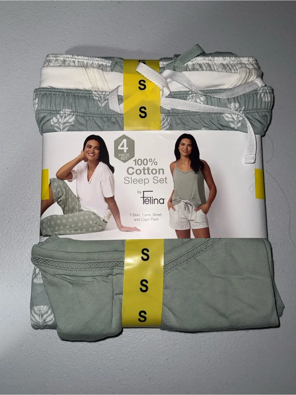 Felina 4 Piece Cotton Pajama Sleep Set Size Small Sage Green White NWT